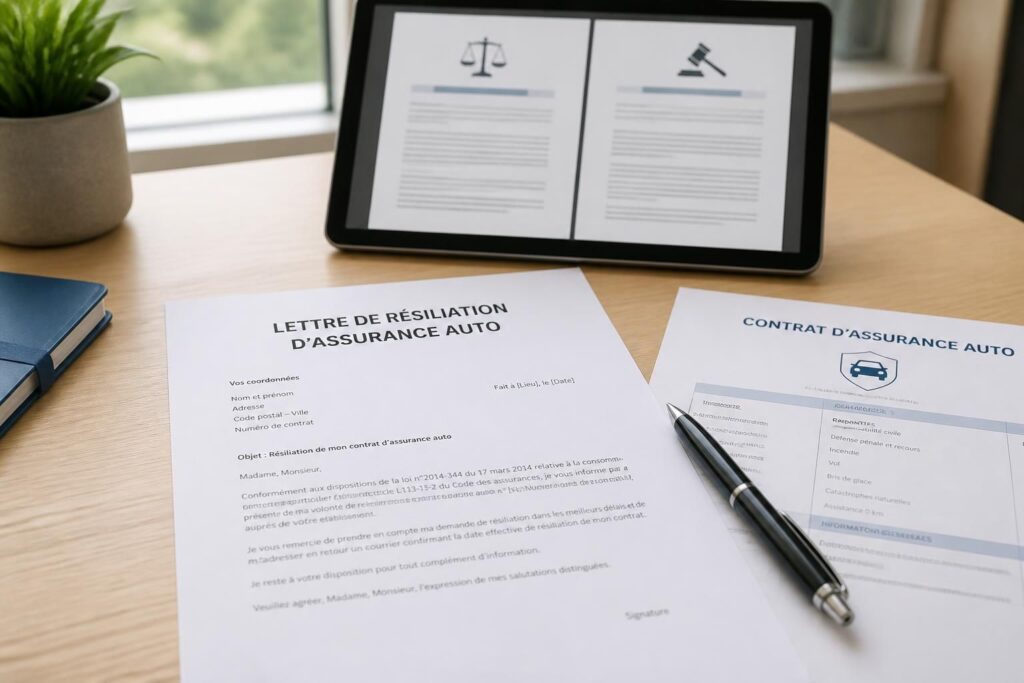 modèle de lettre de résiliation d'assurance auto avec explications des règles selon la loi hamon et la loi chatel pour une démarche simplifiée et conforme.